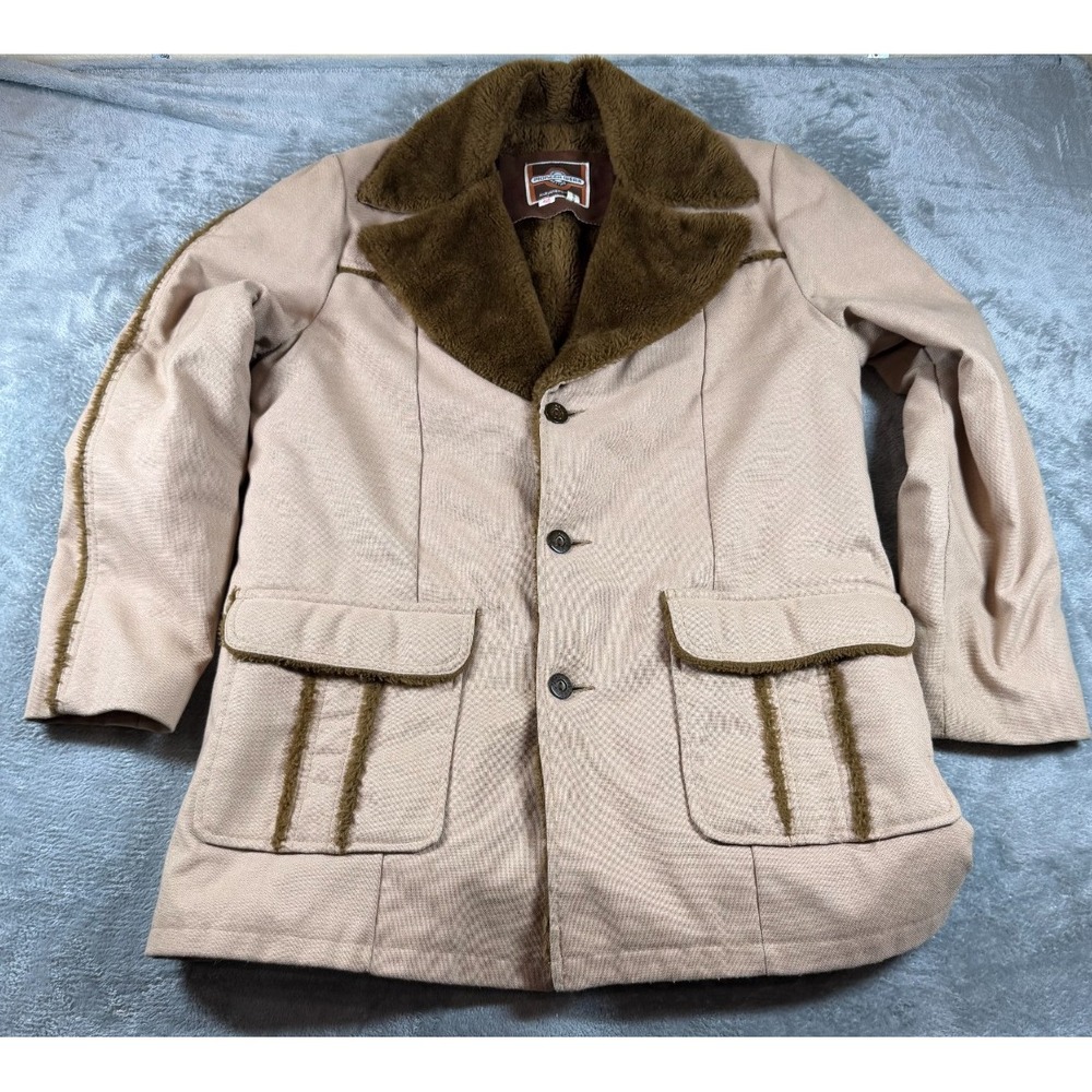 Vtg Pioneer Wear 42L Sherpa Lined Western Coat Jacket Beige Brown USA Made